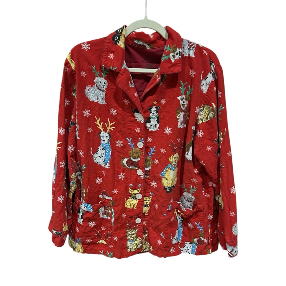 NICK & NORA VINTAGE Reindeer Dog Red Pajama Top Cotton Flannel L